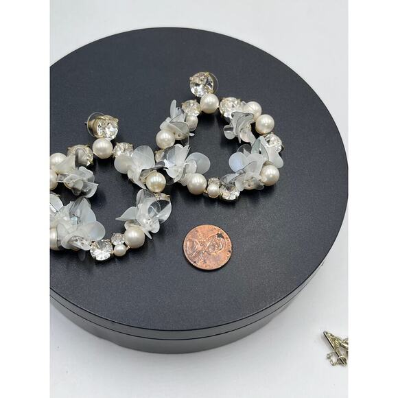 J. Crew White Pearl, Crystal, Sequin Hoop Statement DoorKnocker Earrings Bridal - Picture 11 of 12